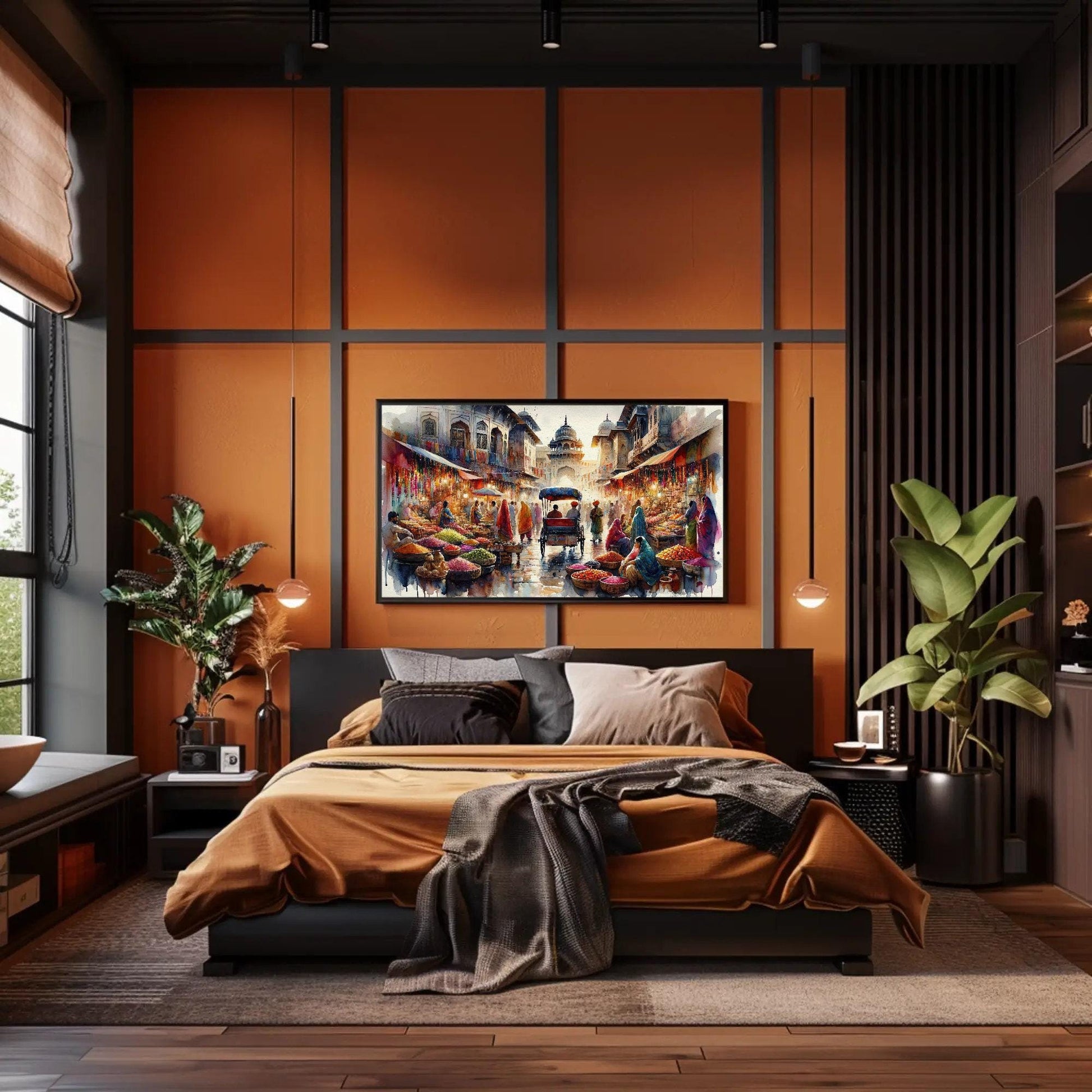 Indian Bazaar , Vibrant Spice Market canvas wall art shown in a bedroom (view 3)