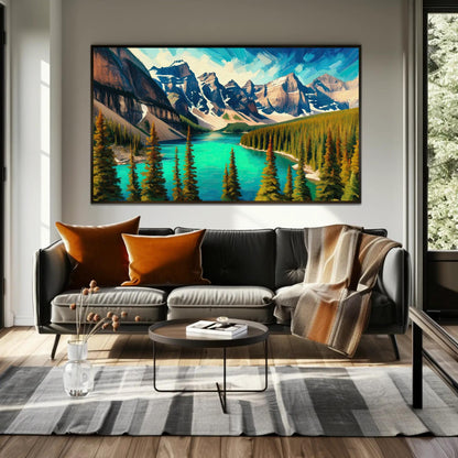 Moraine Lake Oil Painting canvas wall art shown in a living room