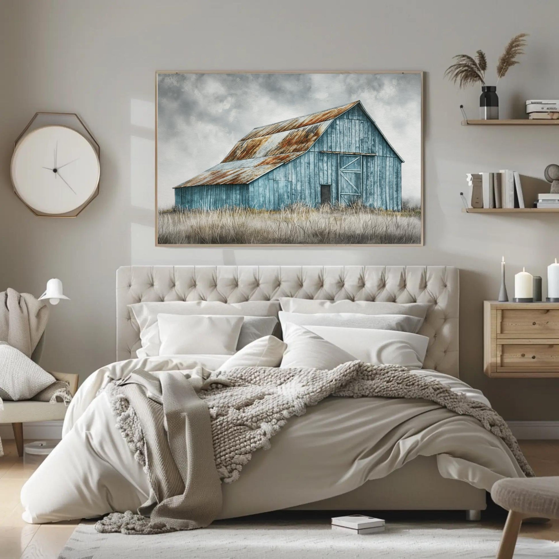 Rustic Blue Barn farmhouse canvas wall art, ready to hang