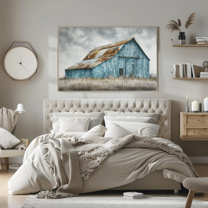 Rustic Blue Barn farmhouse canvas wall art, ready to hang