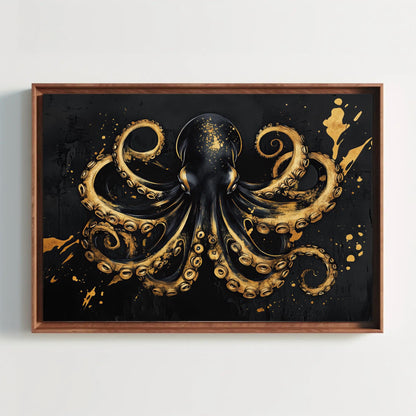 Octopus Canvas Print, Black Gold Nautical Symmetrical Wall Art