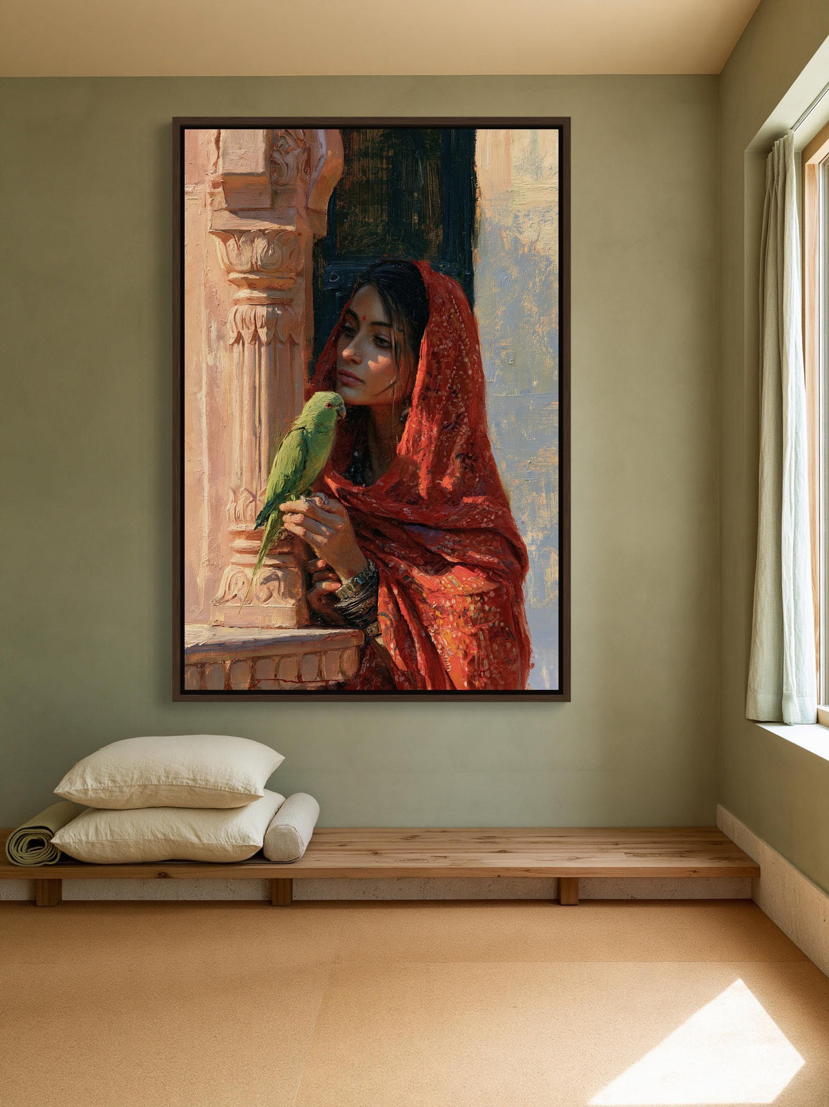 Rajasthani woman with parakeet canvas wall art, woman in a red shawl holding a green parrot, with a wooden bench and a