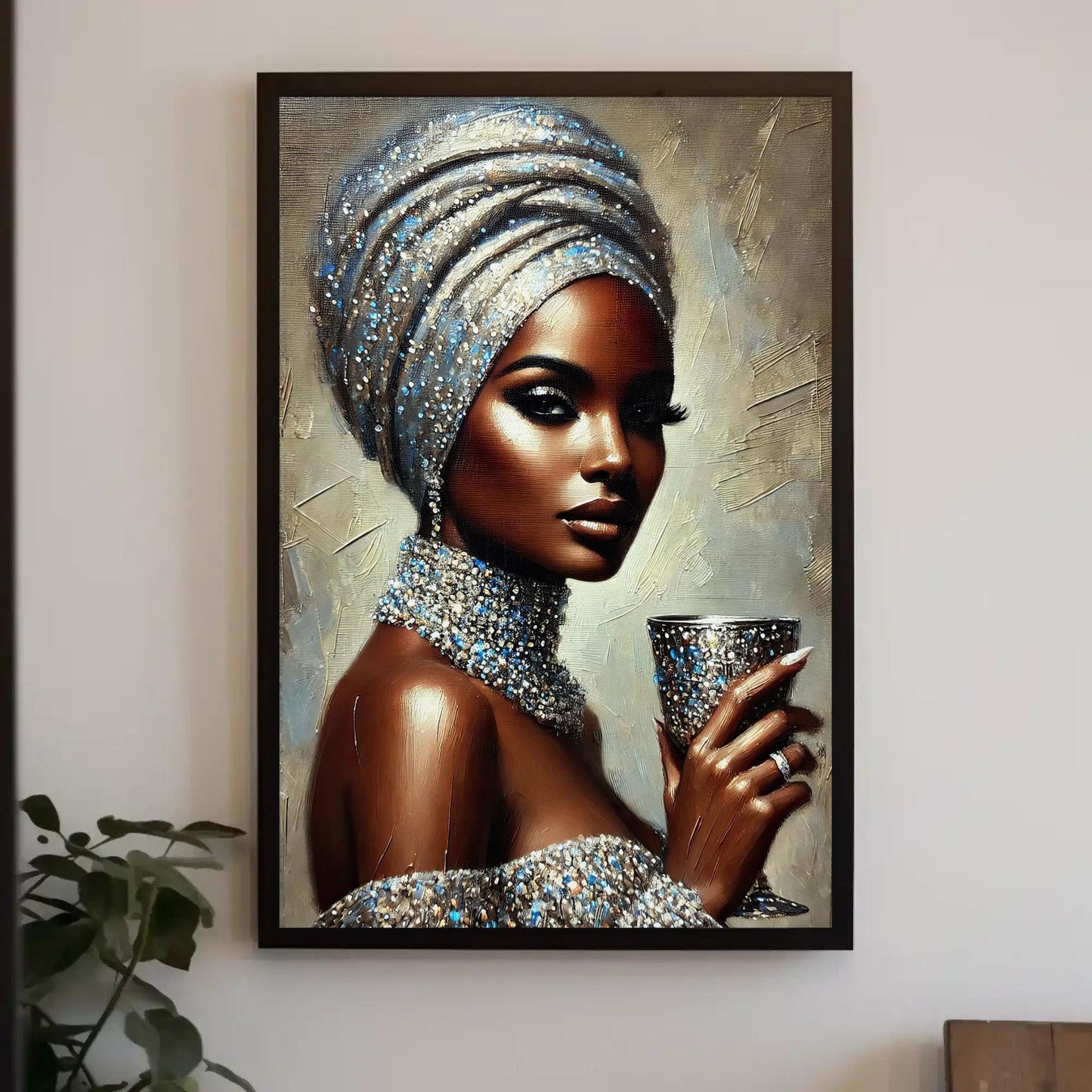 a painting of a woman in a turban holding a cup