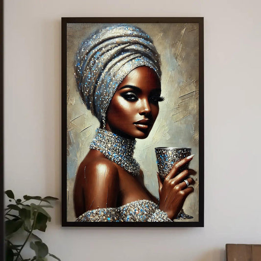 a painting of a woman in a turban holding a cup