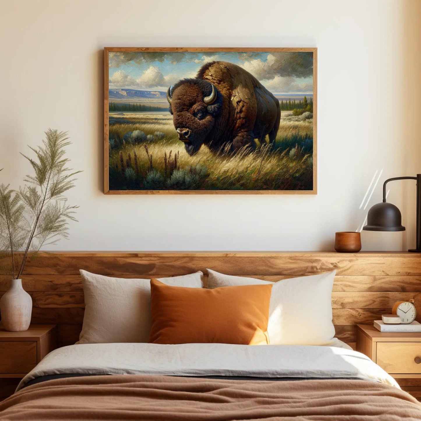Bison Oil Painting canvas wall art shown in a bedroom