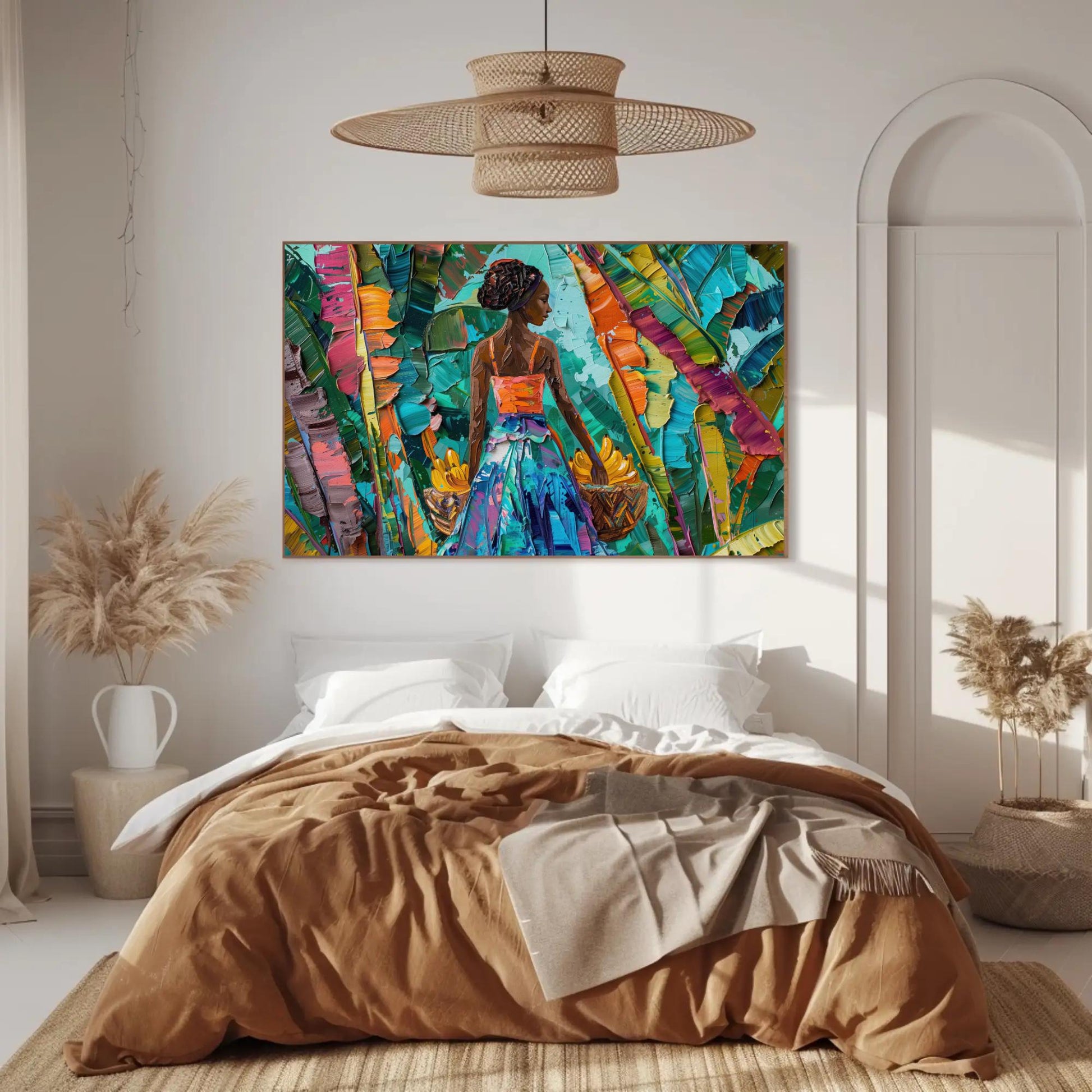 Caribbean Woman canvas wall art shown in a bedroom (view 2)