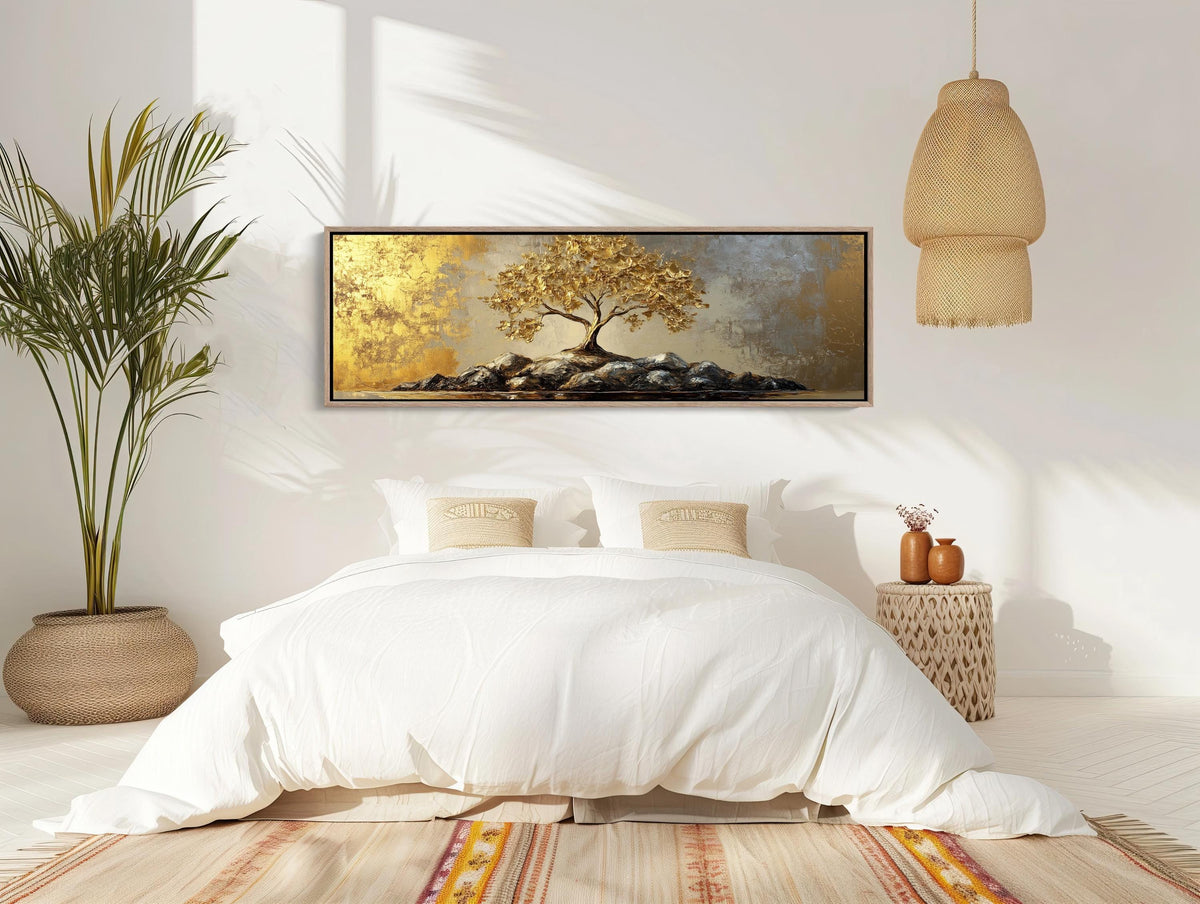 Golden tree on rocks canvas wall art, bedroom with a bed and a painting on the wall