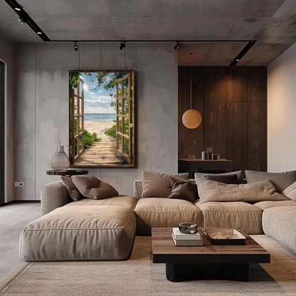 3D Faux Window Beach , Coastal Pathway canvas wall art shown in a living room