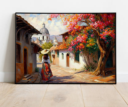 Mexican Village Street , Colorful Pueblo canvas wall art, gallery-wrapped or framed