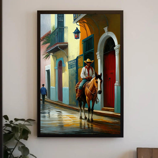 Puerto Rican Canvas Art – Jibaro Horse Rider on Museum-Grade Framed Canvas