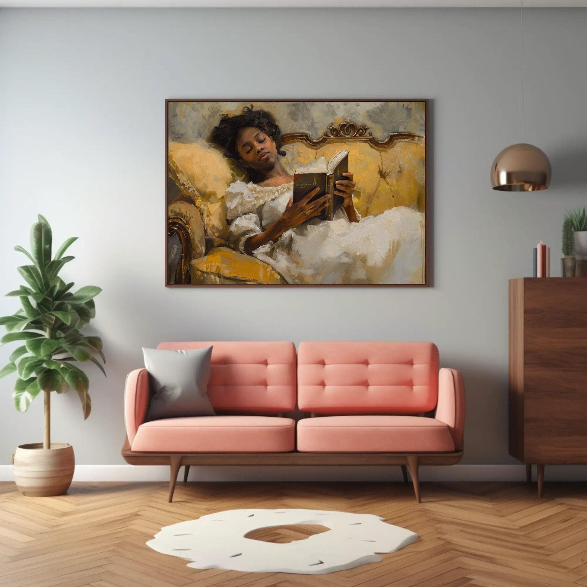 Vintage canvas wall art shown in a living room