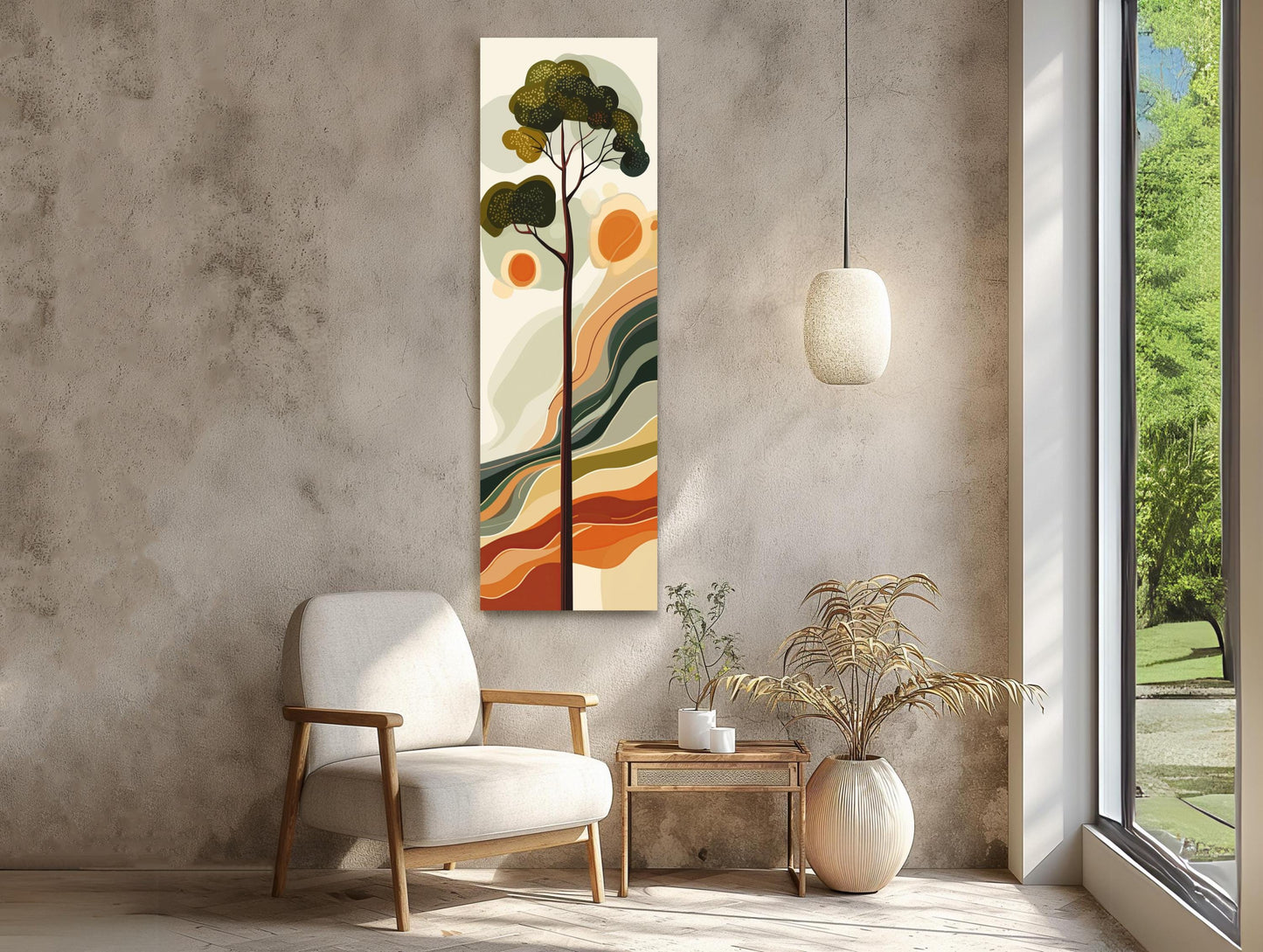 a modern living room with a large abstract painting of a tree on the wall, a white armchair, a wooden side table with a plant, and a large window overlooking a lush green outdoor scene.