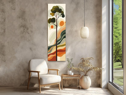a modern living room with a large abstract painting of a tree on the wall, a white armchair, a wooden side table with a plant, and a large window overlooking a lush green outdoor scene.