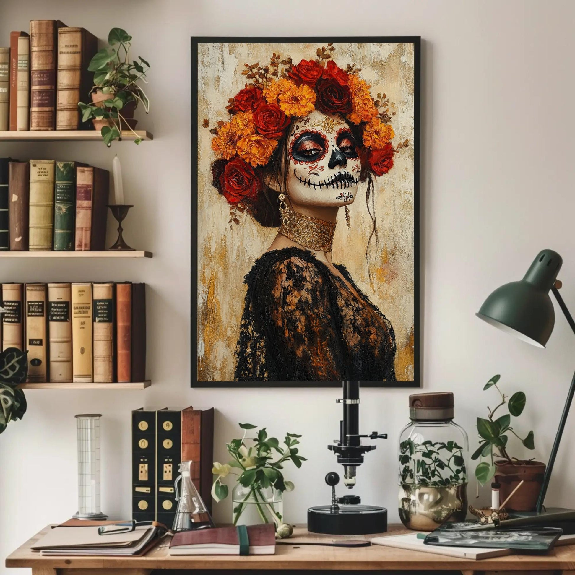 Sugar Skull canvas wall art shown above a desk