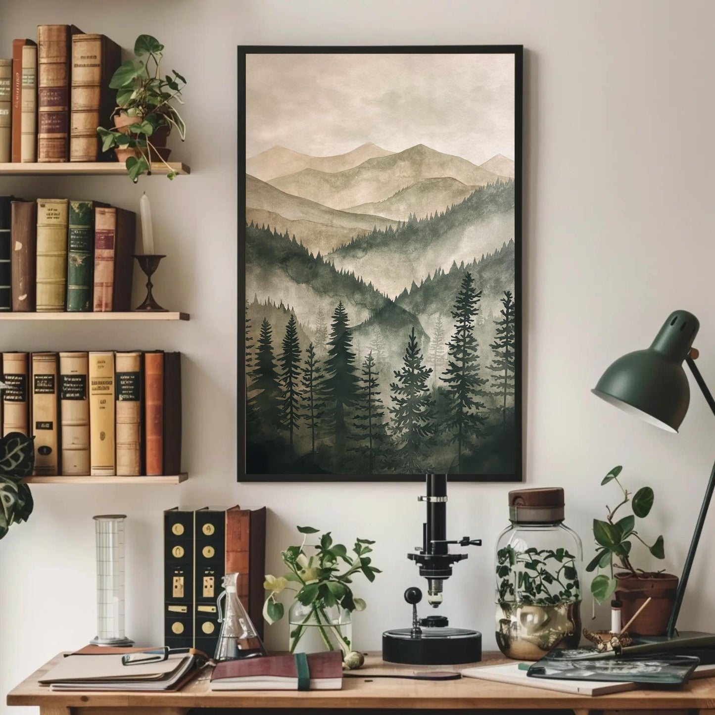 Green Mountain Pine Tree watercolor canvas wall art for the home