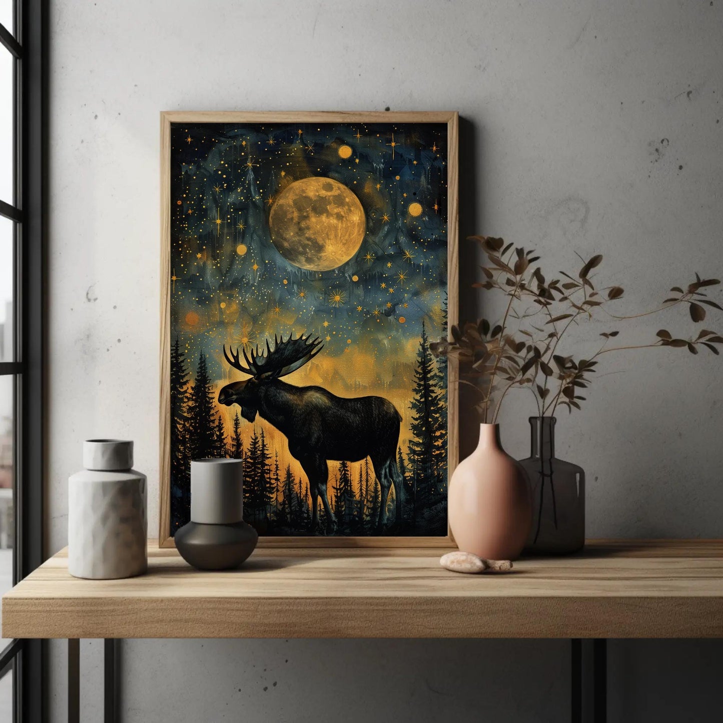 Moose canvas wall art in gold tones