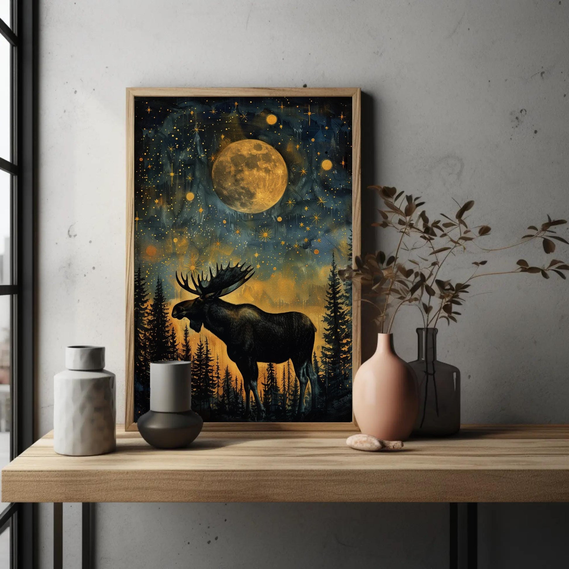 Moose canvas wall art in gold tones