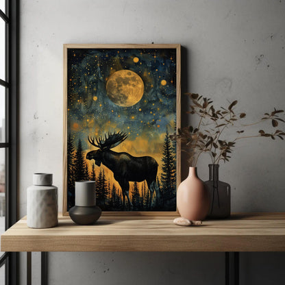 Moose canvas wall art in gold tones