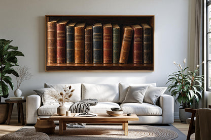 a cozy living room with a large framed painting of a row of colorful books on the wall above a white sofa.