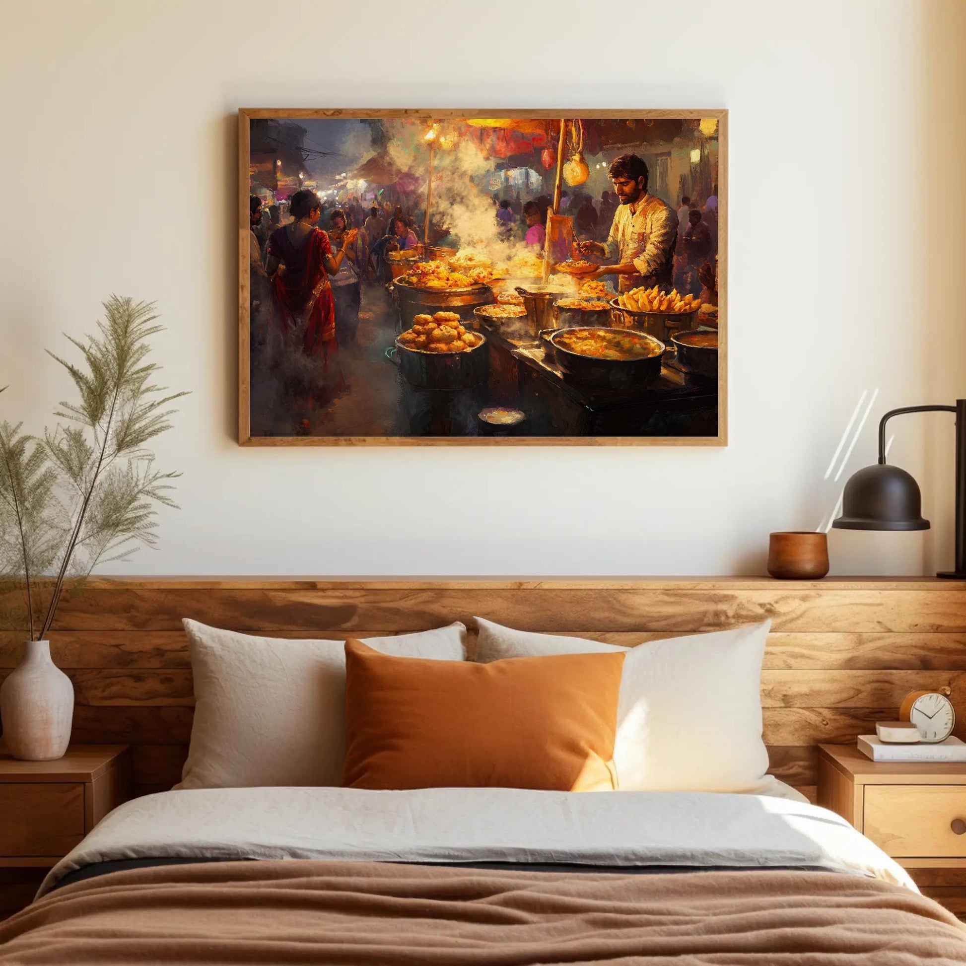 Indian Street Food , Vibrant Desi Culinary canvas wall art shown above a bed