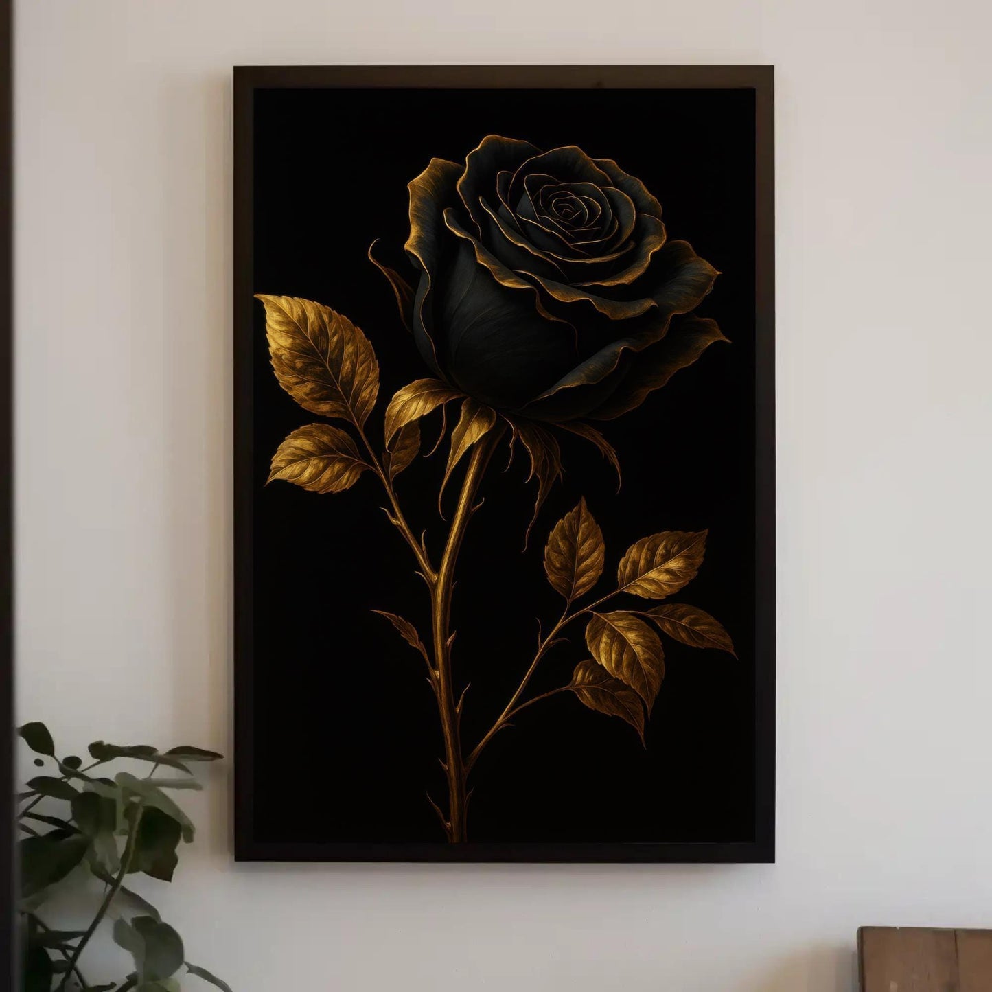 Black Rose Canvas Art, Gothic Floral Print with Gold Trim on Premium Museum Canvas
