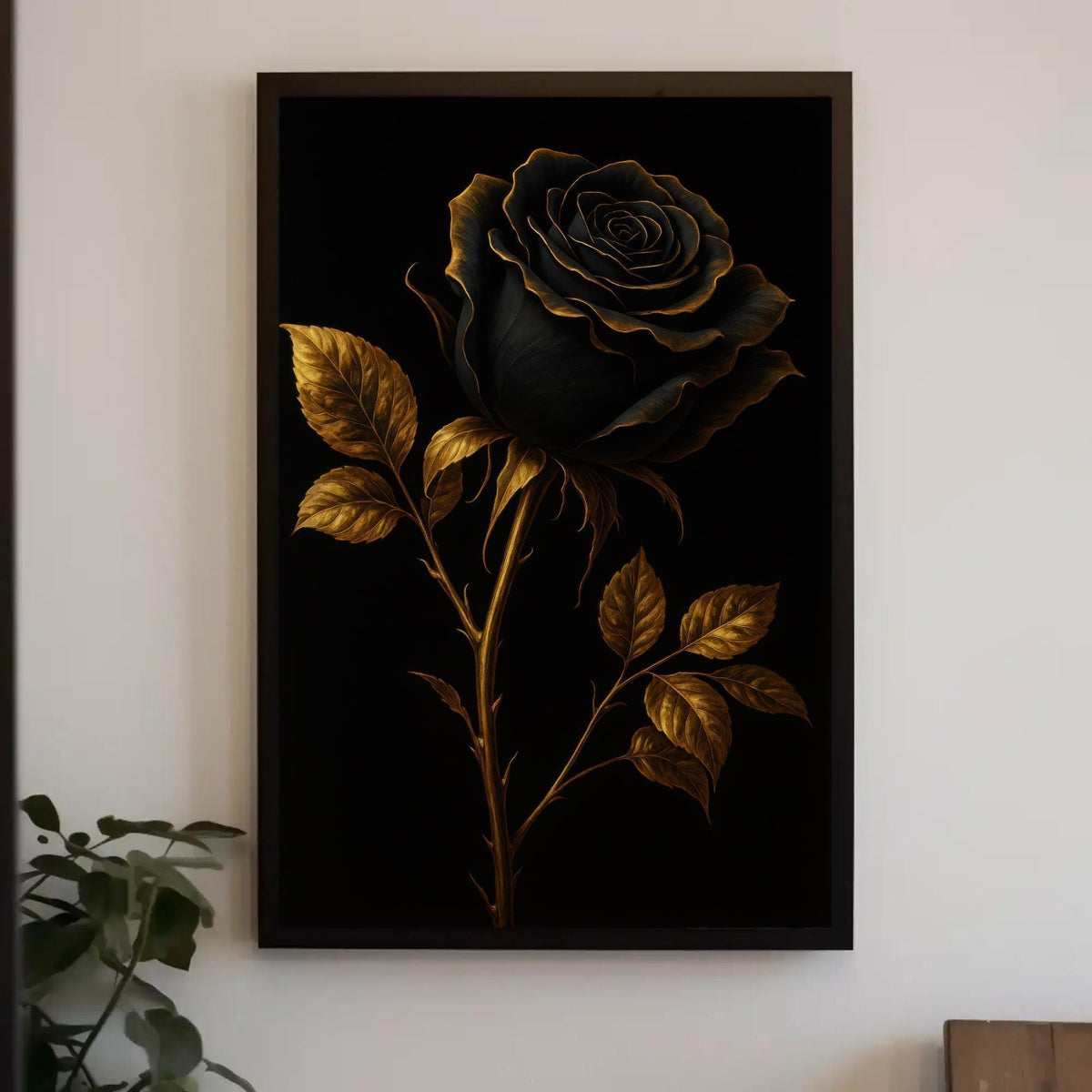 Black Rose Canvas Art, Gothic Floral Print with Gold Trim on Premium Museum Canvas