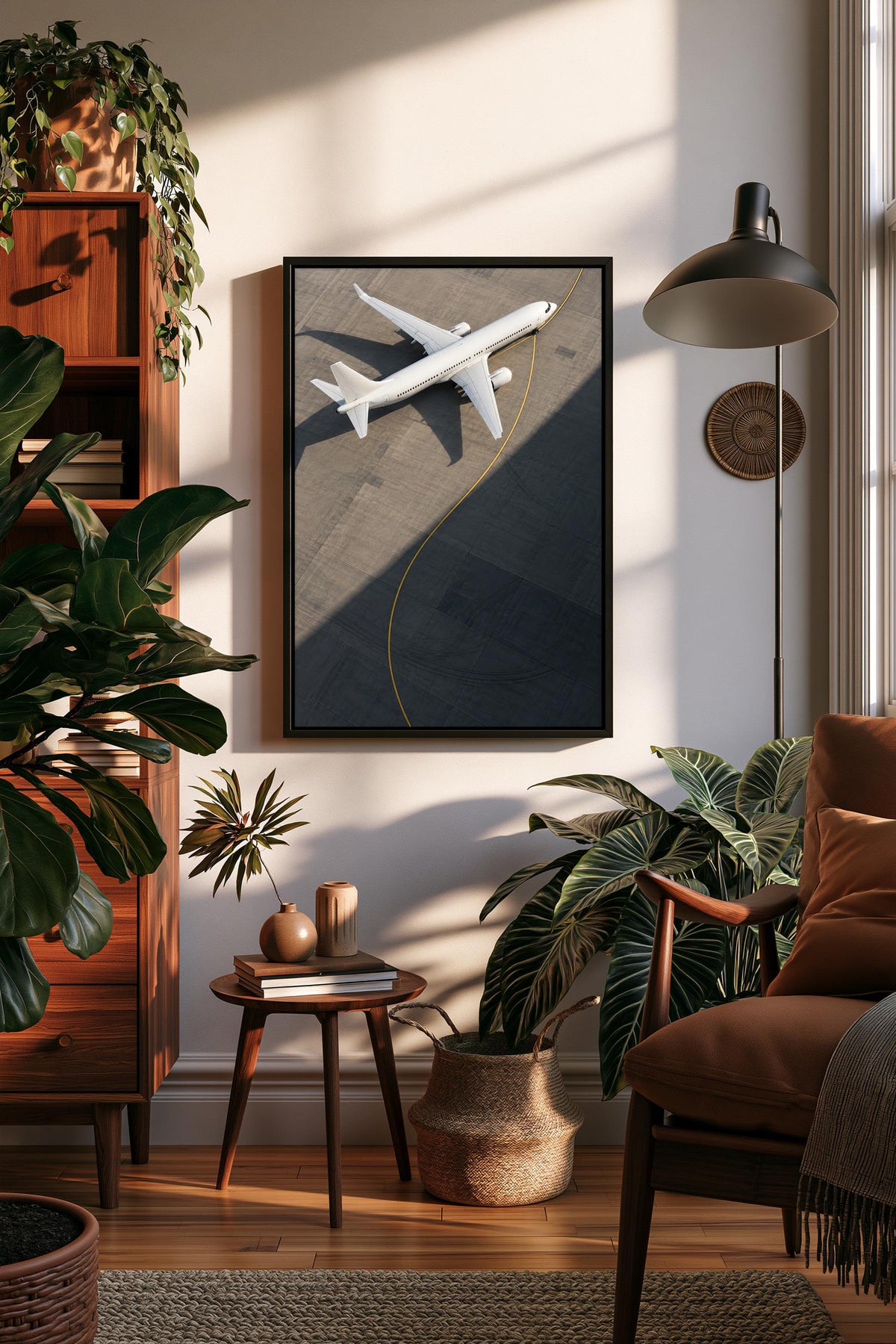 a cozy living room with a large framed picture of an airplane on the wall, surrounded by various plants and furniture.