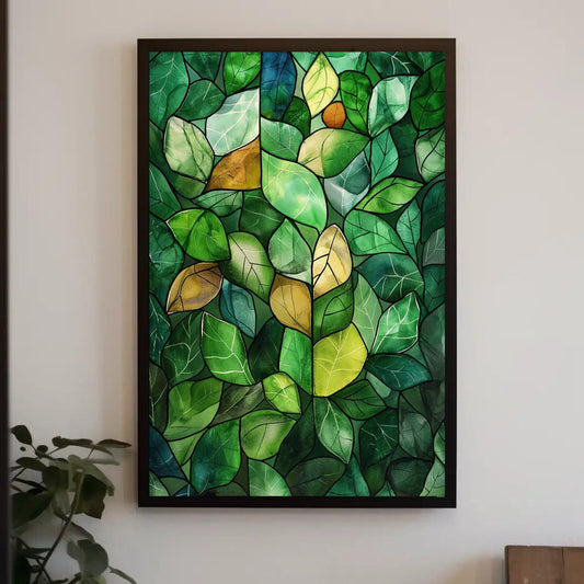 Green Stained Glass Canvas – Watercolor Wall Art | Framed Botanical Leaf Print