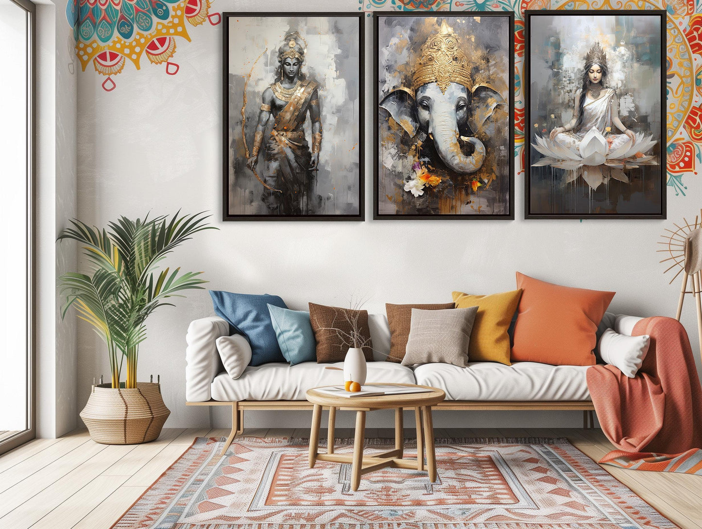 a living room with a couch and paintings on the wall