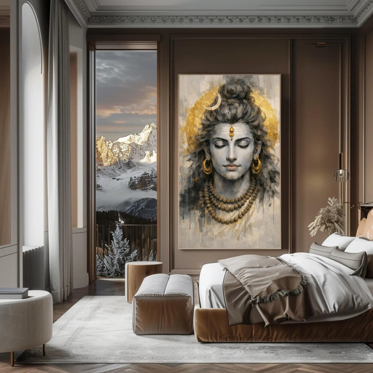 Meditating Lord Shiva canvas wall art, bedroom with a large painting of a Hindu deity's face on the wall, a bed with white