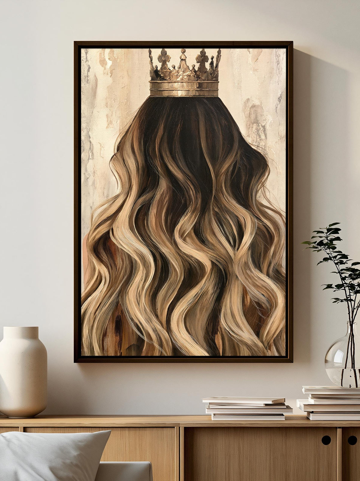 a large framed painting of a crown on a wall, with long, wavy hair underneath it.