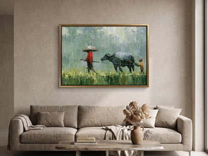 a painting of a person walking with a cow in a field, hanging on a wall above a couch in a living room.