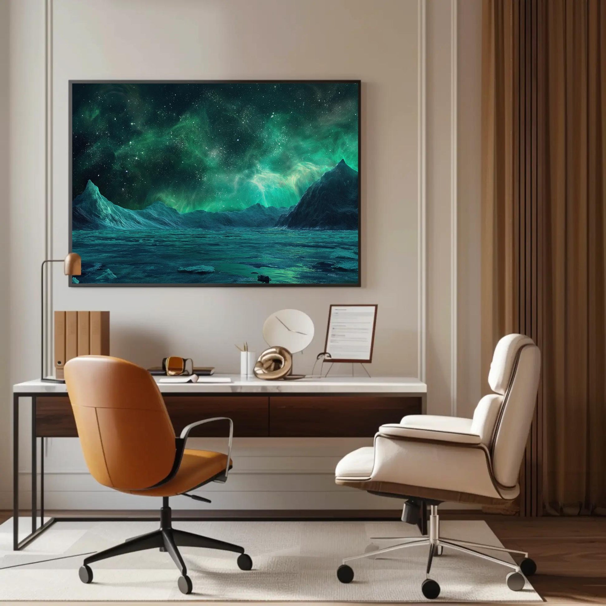 Antarctica Night canvas wall art shown above a desk
