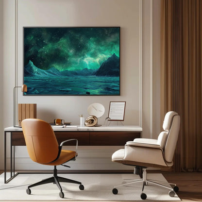 Antarctica Night canvas wall art shown above a desk