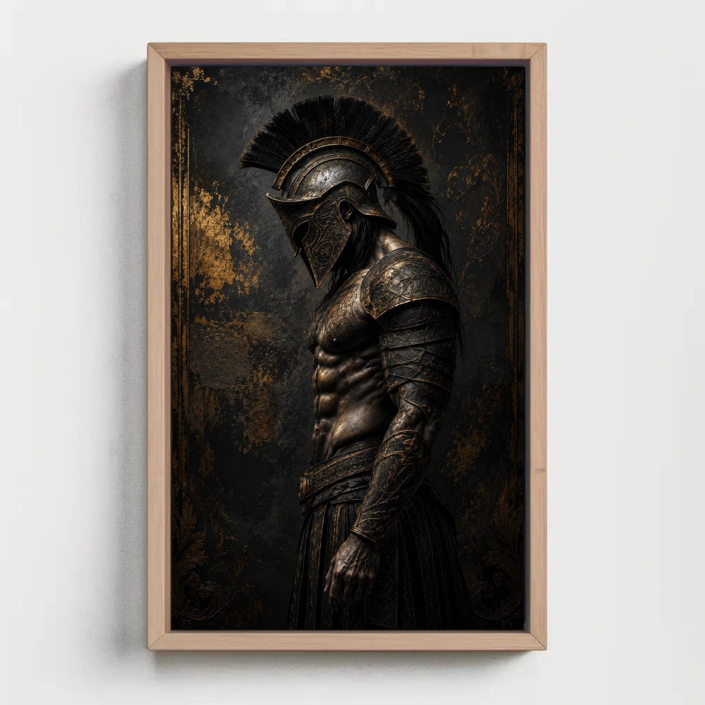 Spartan Hoplite canvas wall art shown in a styled room