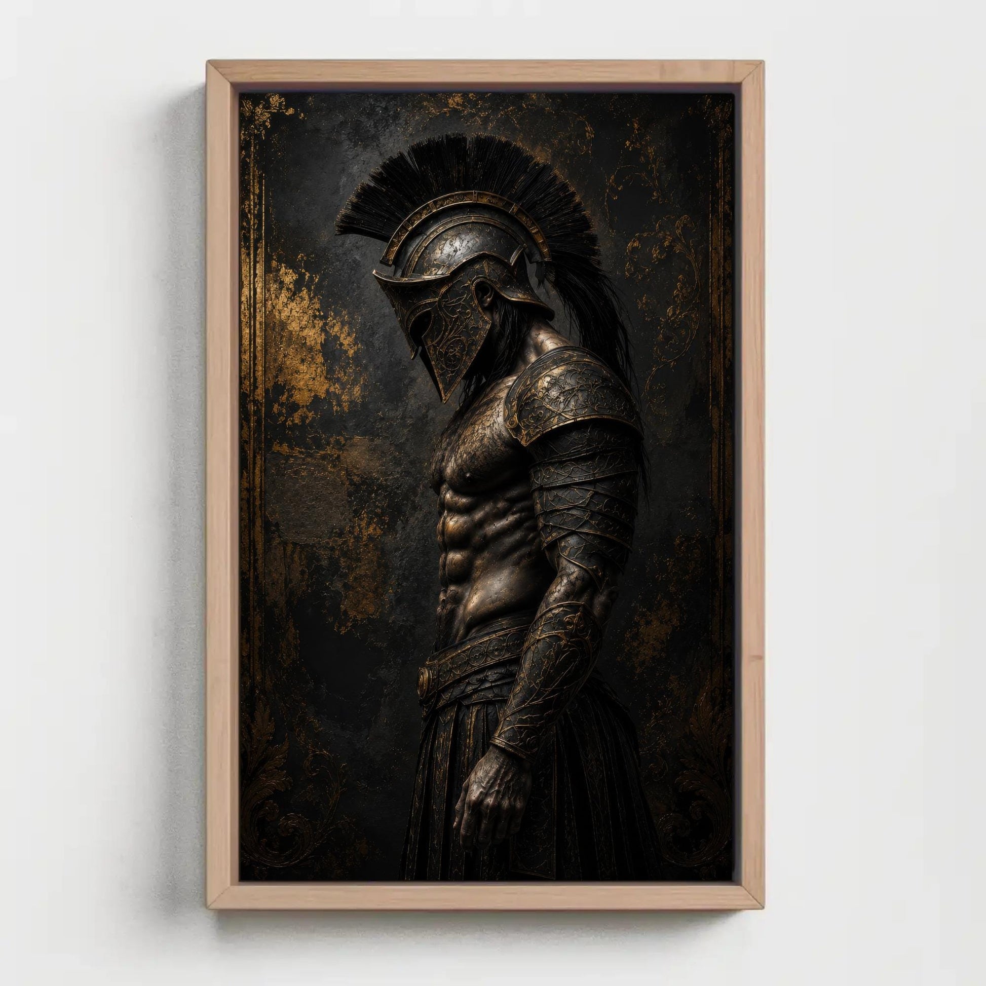 Spartan Hoplite canvas wall art shown in a styled room
