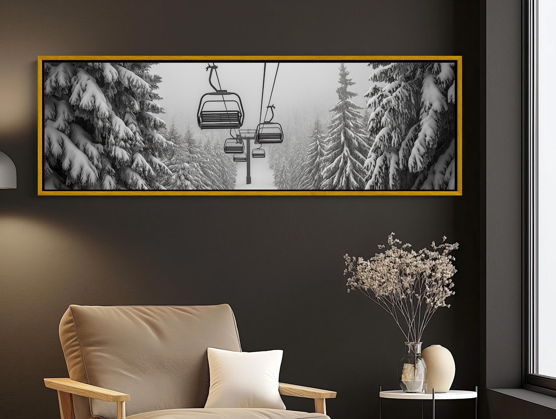 Ski Lift , Panoramic Winter Mountain canvas wall art shown in a living room (view 2)