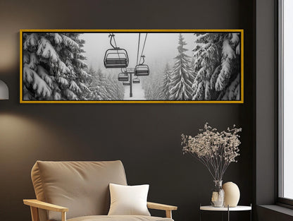 Ski Lift , Panoramic Winter Mountain canvas wall art shown in a living room (view 2)