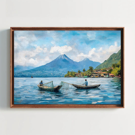 a painting of two boats in the water with a mountain in the background