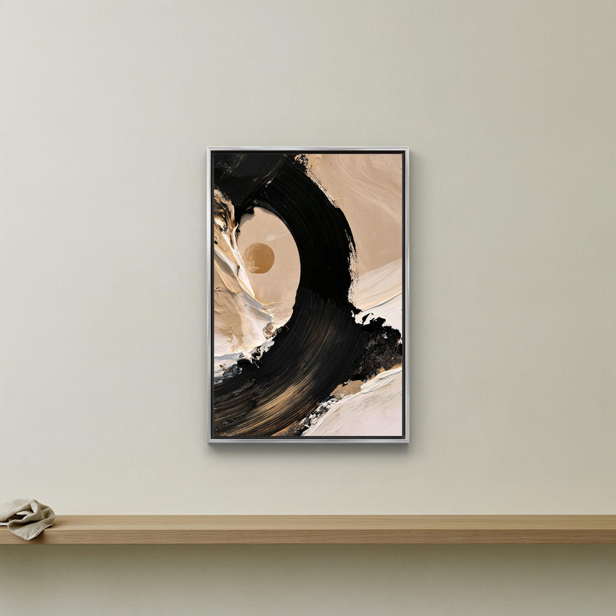 Black brush stroke sun canvas wall art, abstract painting hanging on a wall above a wooden shelf