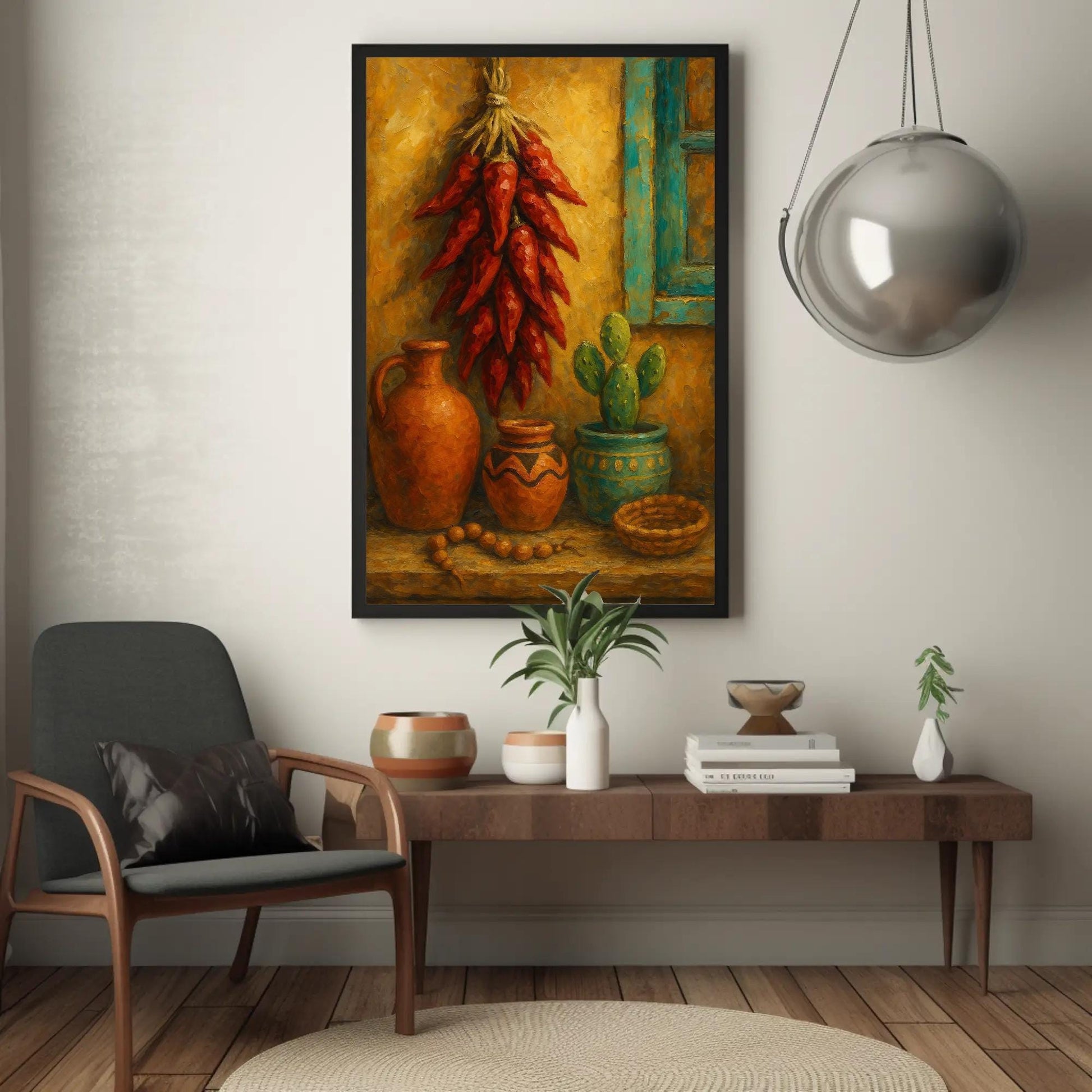 Southwestern canvas wall art shown in a styled interior