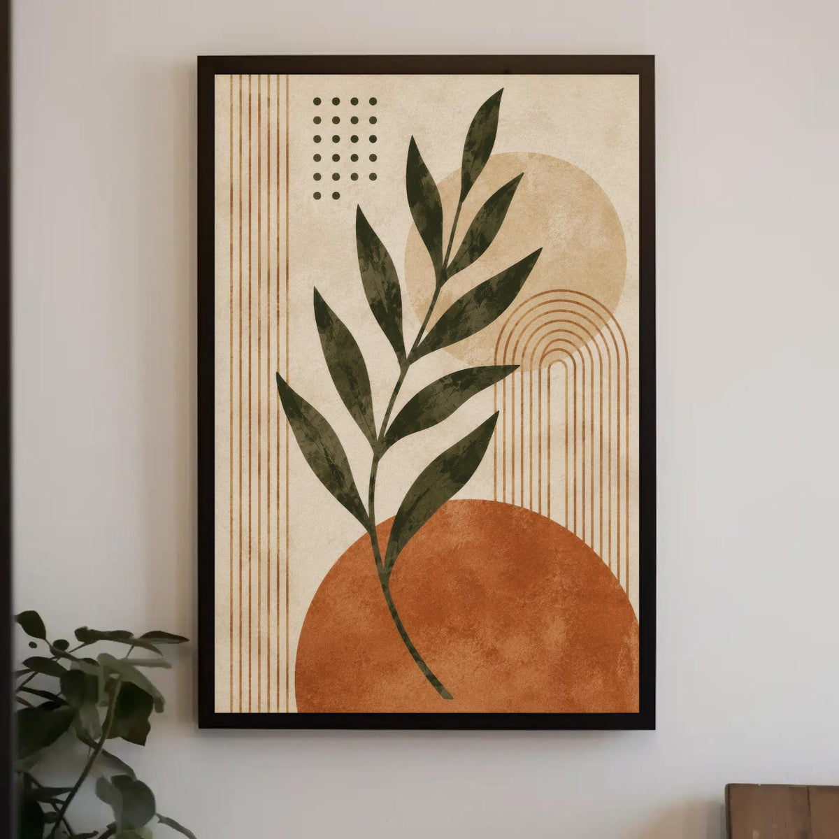 Abstract botanical boho canvas wall art, sage leaf branch over terracotta and beige sun shapes