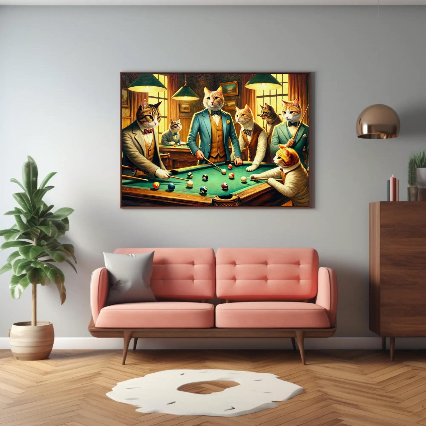 Cats Playing Pool Art – Funny Man Cave Wall Decor | Framed Canvas Print - Antarmada