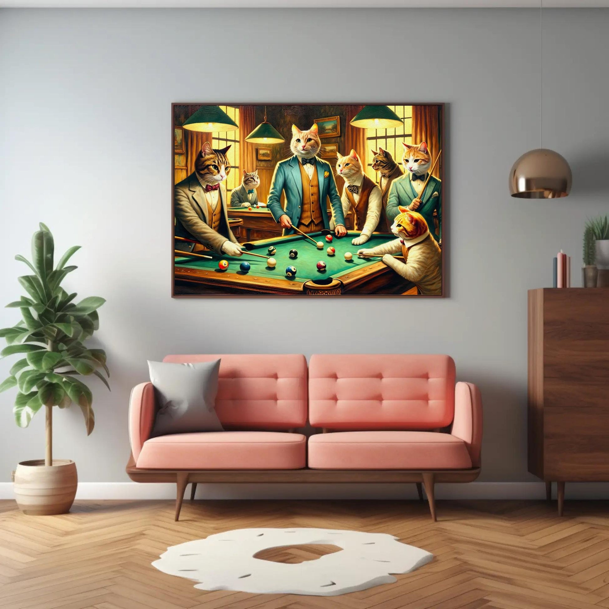 Cats Playing Pool Art – Funny Man Cave Wall Decor | Framed Canvas Print - Antarmada