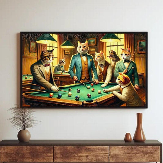 Cats Playing Pool Art – Funny Man Cave Wall Decor | Framed Canvas Print - Antarmada