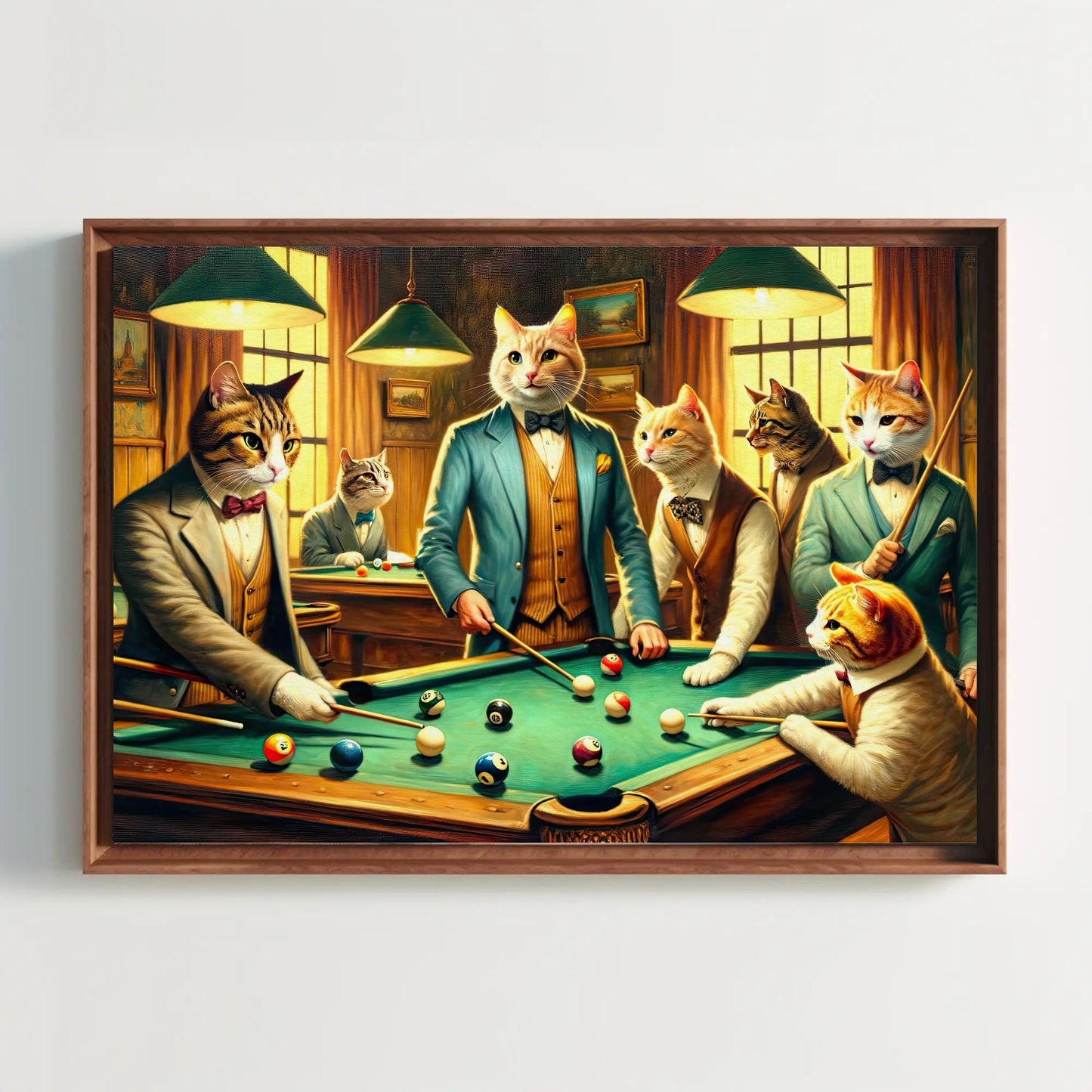 Cats Playing Pool Art – Funny Man Cave Wall Decor | Framed Canvas Print - Antarmada