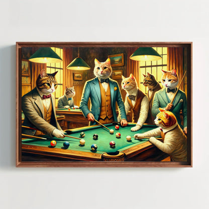 Cats Playing Pool Art – Funny Man Cave Wall Decor | Framed Canvas Print - Antarmada