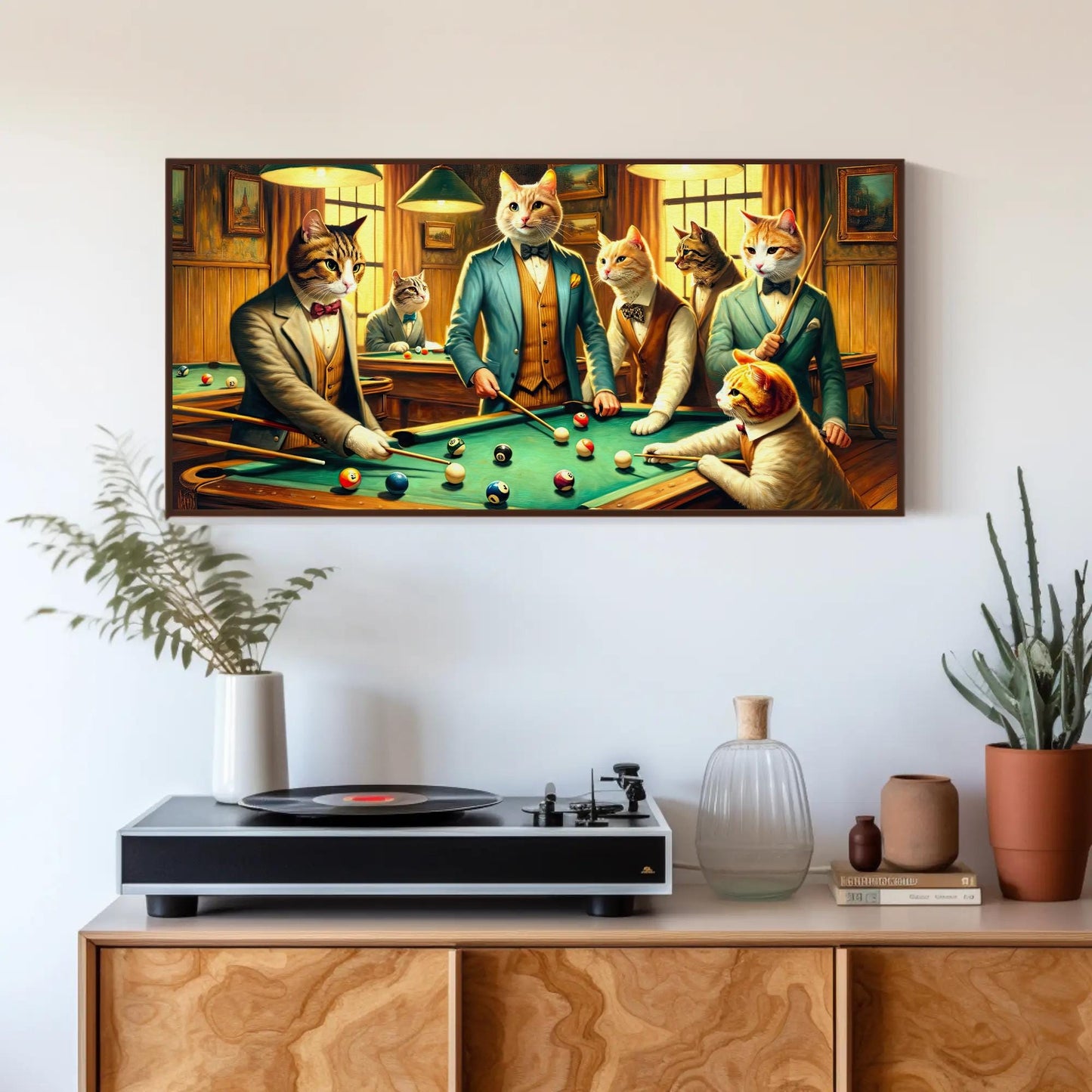 Cats Playing Pool Art – Funny Man Cave Wall Decor | Framed Canvas Print - Antarmada