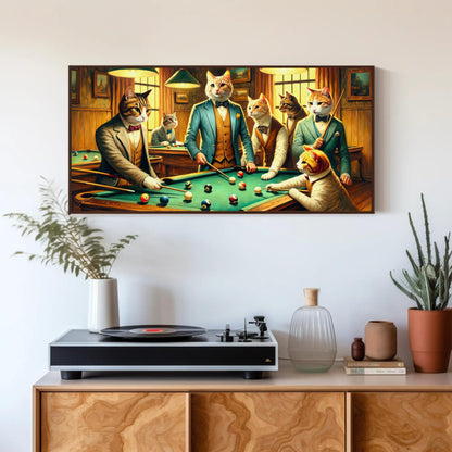 Cats Playing Pool Art – Funny Man Cave Wall Decor | Framed Canvas Print - Antarmada
