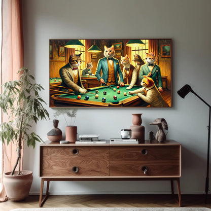 Cats Playing Pool Art – Funny Man Cave Wall Decor | Framed Canvas Print - Antarmada